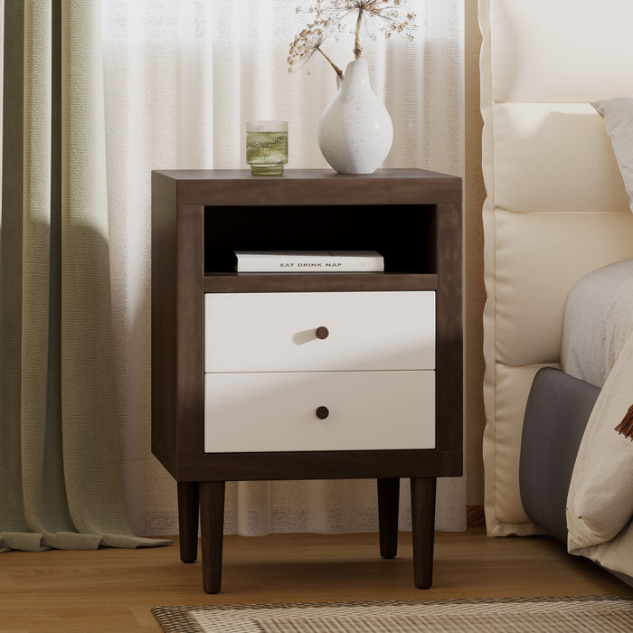 Modern Walnut and White 2-Drawer Nightstand