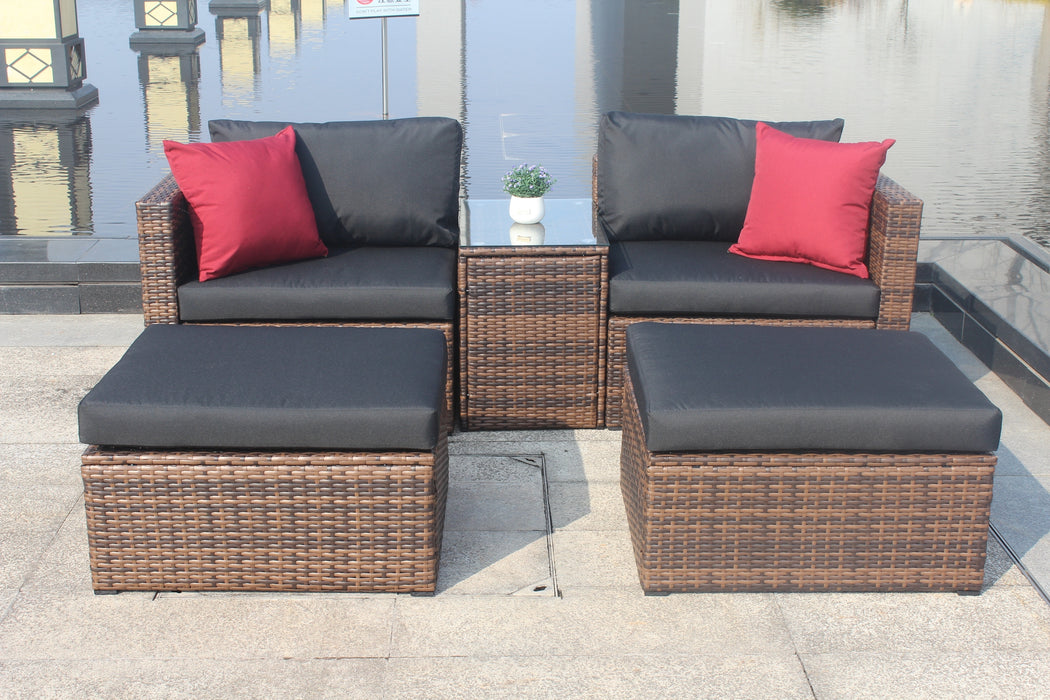 5 pc Brown Outdoor Patio Wicker Sectional Sofa Set with Black Cushions and Red Pillows