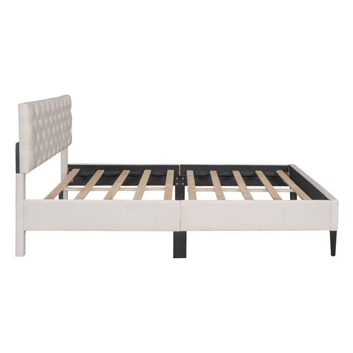 Queen Beige Upholstered Linen Platform Bed