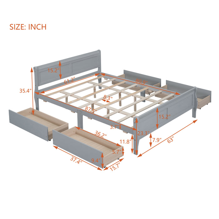 Queen Gray Wood Platform Bed with 4 Drawers