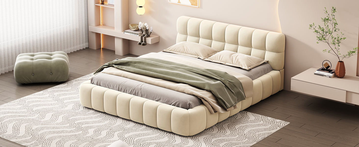 Queen Beige Upholstered Bed