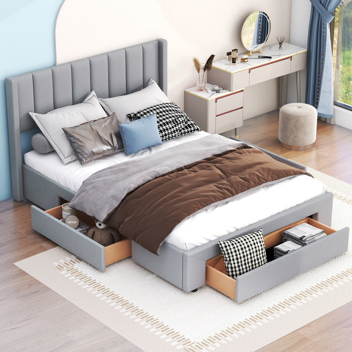 Queen Gray Upholstered Platform Bed with Storage