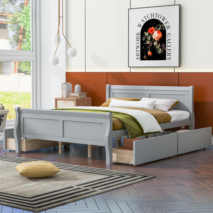 Queen Gray Wood Platform Bed with 4 Drawers