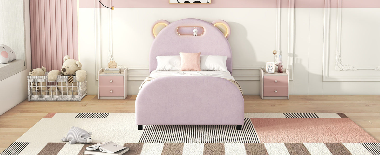 Twin Pink Velvet Platform Bed with Bear-Shaped Headboard and Embedded Lights lowrysfurniturestore