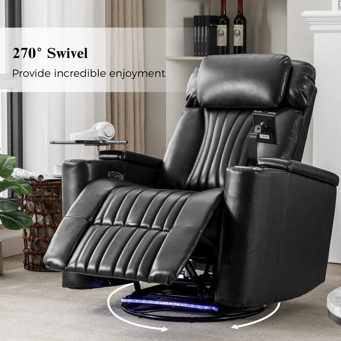 Black 270° Power Swivel Recliner Home Theater Seating With Hidden Arm Storage and LED Light Strip Cup Holder 360° Swivel Tray Table and Cell Phone Holder | lowrysfurniturestore