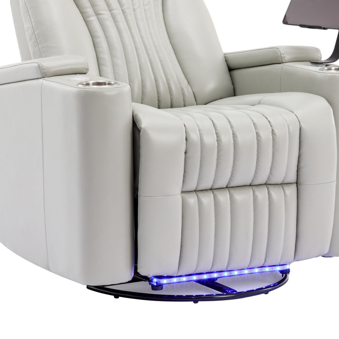 Gray 270° Power Swivel Recliner,Home Theater Seating With Hidden Arm Storage and LED Light Strip Cup Holder 360° Swivel Tray Table and Cell Phone Holder | lowrysfurniturestore