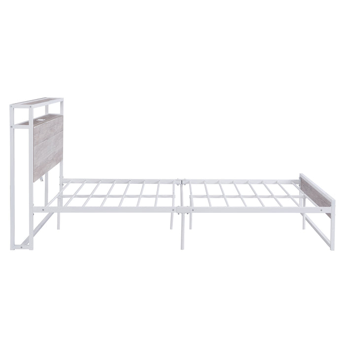 Queen White Metal Platform Bed Frame with USB Ports