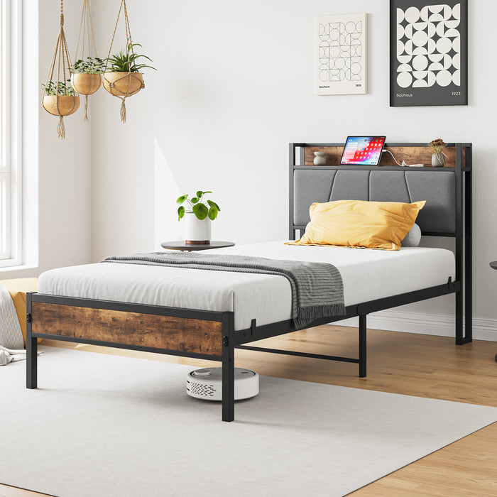 Twin Platform Black Bed Frame Storage Headboard with Charging Station lowrysfurniturestore