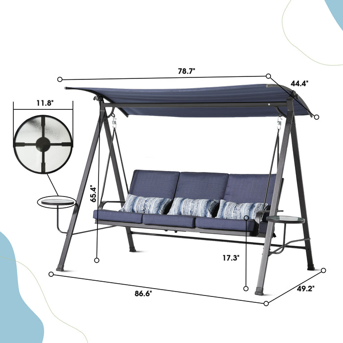 3-Seater Blue Swing Porch Swing with Canopy