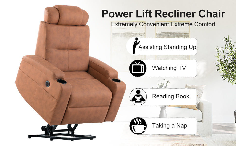 Lift Chair Orange Modern Side 24" Seat Width Side Pocket USB Charge Port
