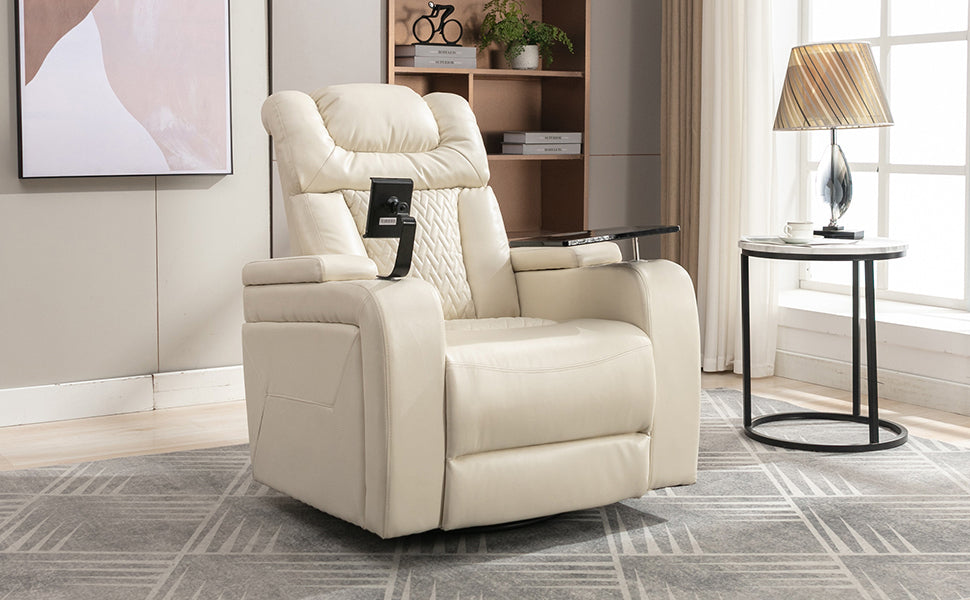 White Swivel Faux Leather Power Recliner Home Theater Tray Table Phone Holder Cup Holder USB Port Arm Storage lowrysfurniturestore