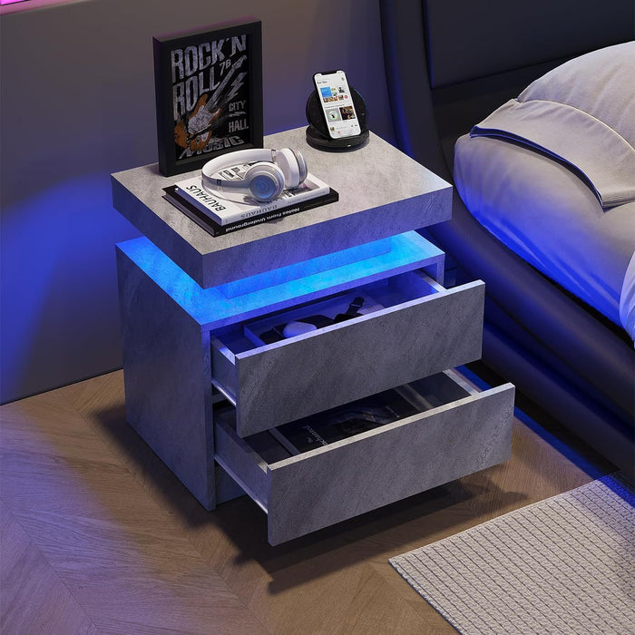 Deep Gray LED Nightstand – Modern End Table with 2 Drawers