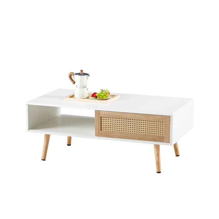 White Modern Rattan Coffee Table with Storage, 41.34"