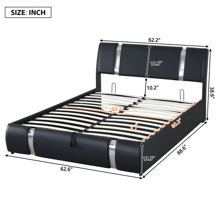 Queen Black Faux Leather Platform Bed with a Hydraulic Storage System