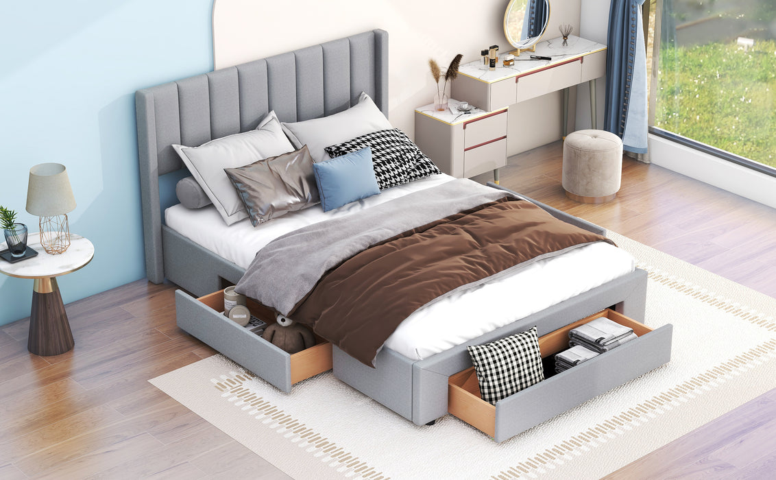 Queen Gray Upholstered Platform Bed with Storage