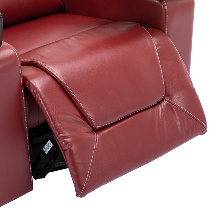 Red 270 Degree Swivel Faux Leather Power Recliner Home Theater Recliner with Surround Sound Cup Holder Removable Tray Table Hidden Arm Storage | lowrysfurniturestore