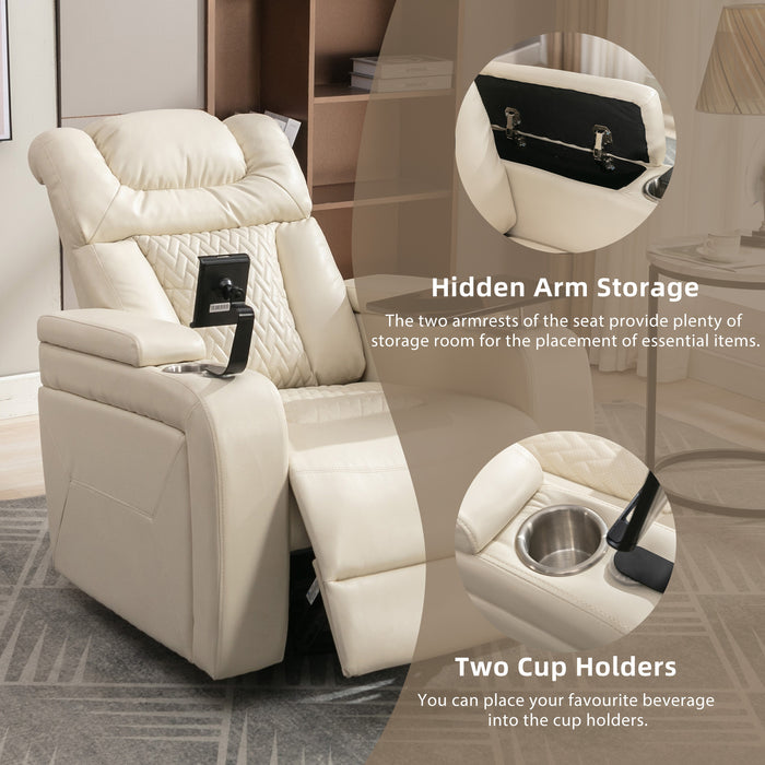 White Swivel Faux Leather Power Recliner Home Theater Tray Table Phone Holder Cup Holder USB Port Arm Storage lowrysfurniturestore