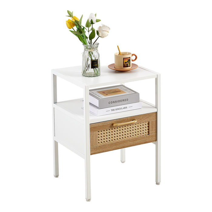 White Rattan End Table with Single Drawer and Metal Legs