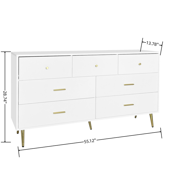 White 7-Drawer Chest with Golden Handles and Legs