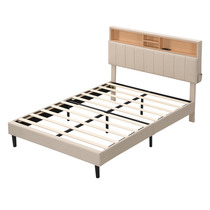 Full size Upholstered Platform Bed with Storage Headboard and USB Port,  Linen Fabric Upholstered Bed (Beige)