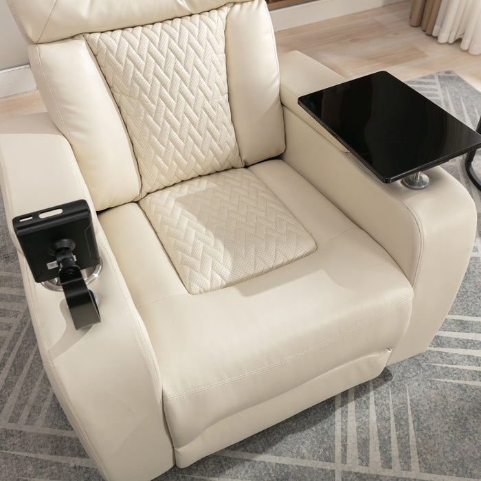 White Swivel Faux Leather Power Recliner Home Theater Tray Table Phone Holder Cup Holder USB Port Arm Storage lowrysfurniturestore