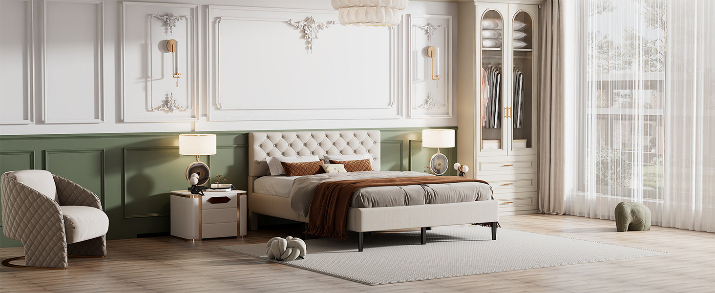 Queen Beige Upholstered Linen Platform Bed