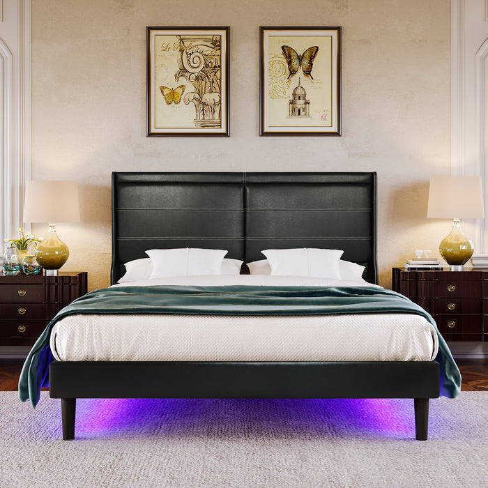 Queen Antique Black Faux Leather Bed with LED Lights