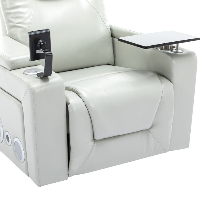 Gray 270 Degree Swivel PU Leather Power Recliner Home Theater Recliner with Surround Sound Cup Holder Removable Tray Table Hidden Arm Storage | lowrysfurniturestore