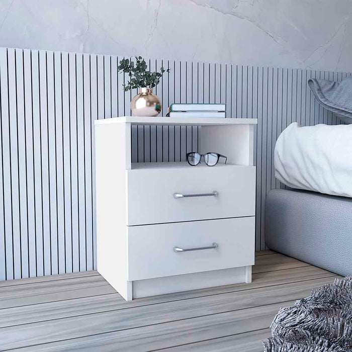 White Olienza Nightstand – Two Drawers and One Shelf