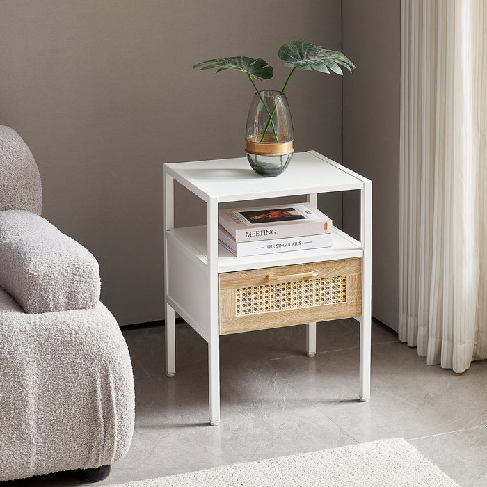 White Rattan End Table with Single Drawer and Metal Legs