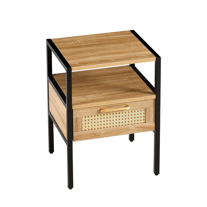 Natural Rattan Nightstand with Single Drawer and Metal Legs