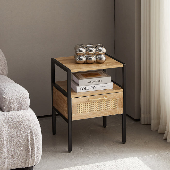 Natural Rattan Nightstand with Single Drawer and Metal Legs