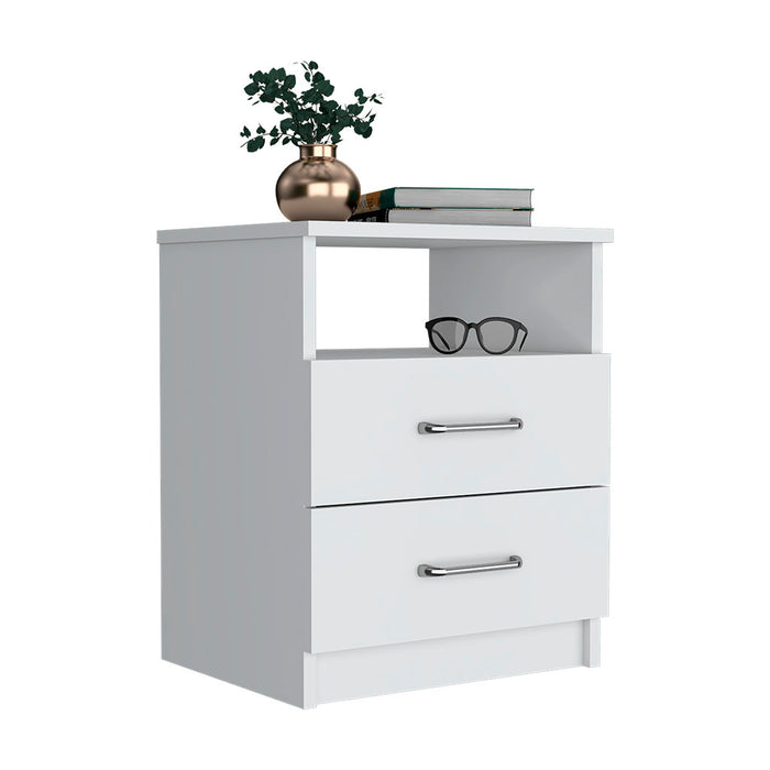 White Olienza Nightstand – Two Drawers and One Shelf