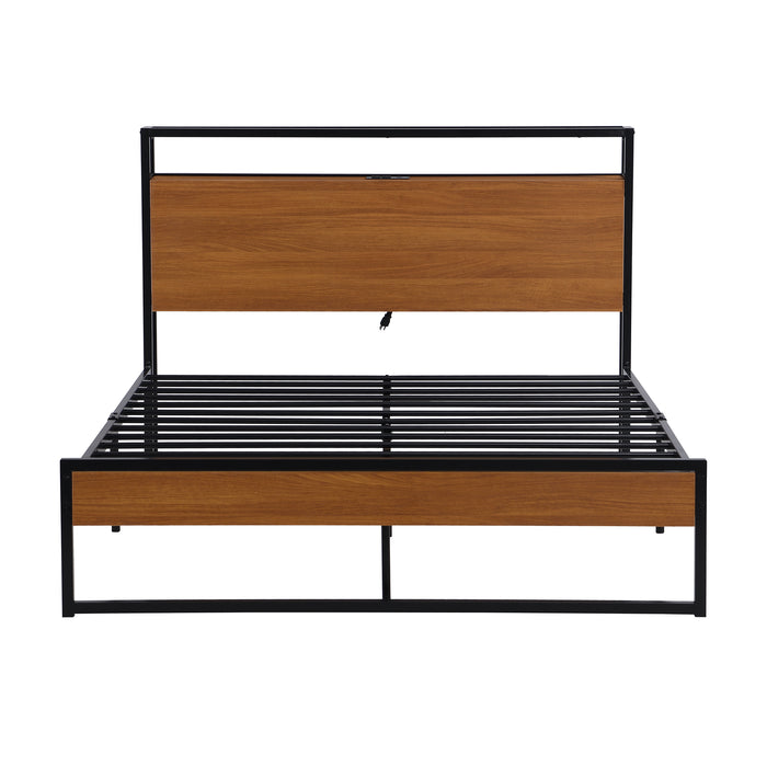 Full Black and Natural Tone Metal Platform Bed Frame with USB Ports lowrysfurniturestore