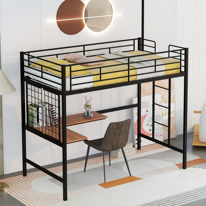 Black Twin Metal Loft Bed with Desk and Metal Grid lowrysfurniturestore