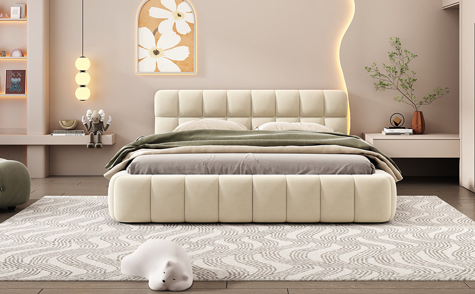 Queen Beige Upholstered Bed