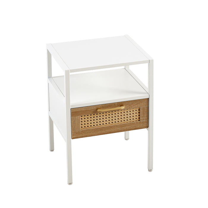 White Rattan End Table with Single Drawer and Metal Legs