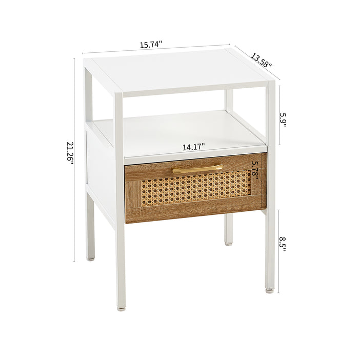 White Rattan End Table with Single Drawer and Metal Legs