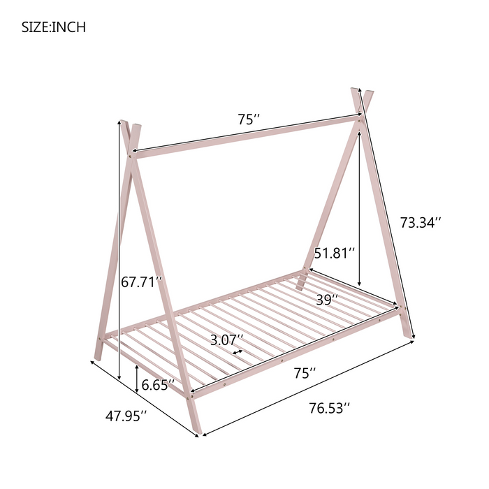 House Bed Tent Bed Frame Twin Size Metal Floor Play House Bed with Slat for Kids Girls Boys , No Box Spring Needed Pink lowrysfurniturestore