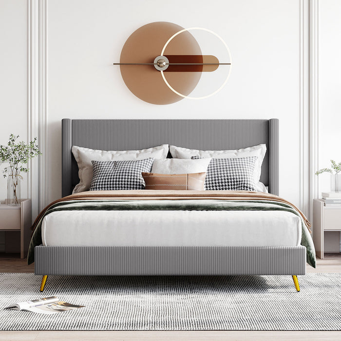 Queen Gray Corduroy Platform Bed with Metal Legs