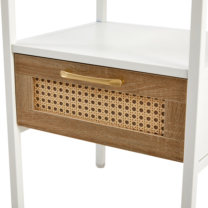 White Rattan End Table with Single Drawer and Metal Legs