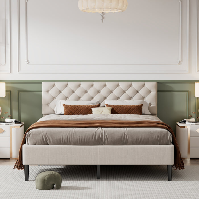 Queen Beige Upholstered Linen Platform Bed