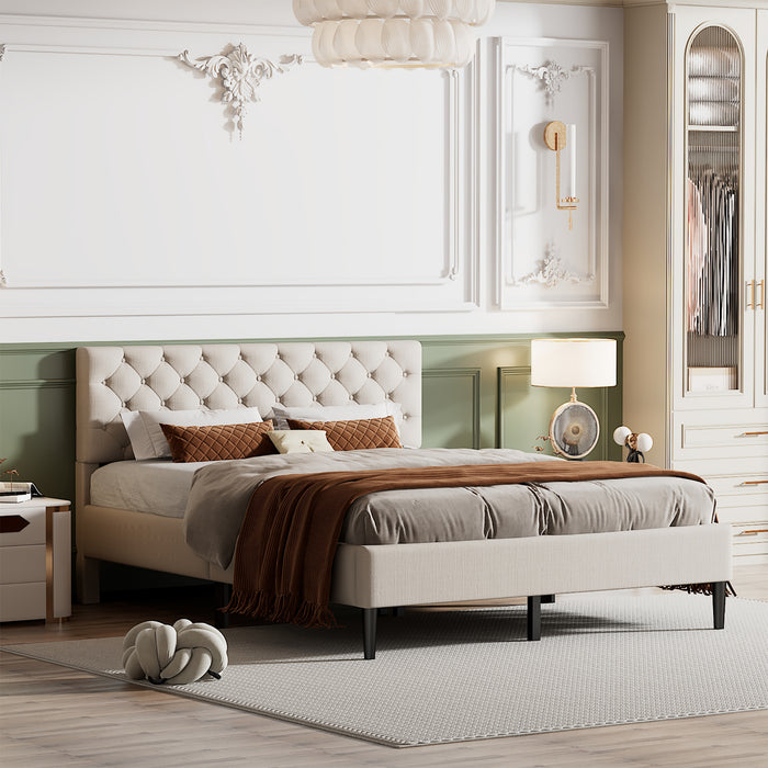 Queen Beige Upholstered Linen Platform Bed