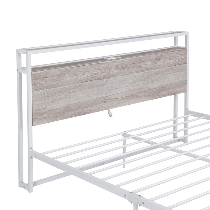 Queen White Metal Platform Bed Frame with USB Ports