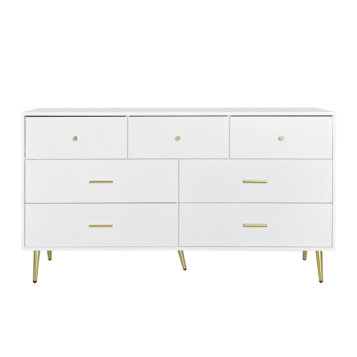 White 7-Drawer Chest with Golden Handles and Legs