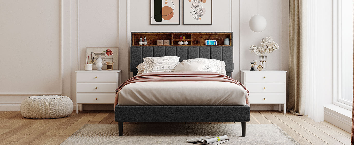 Full size Upholstered Platform Bed with Storage Headboard and USB Port, Linen Fabric Upholstered Bed (Gray) | lowrysfurniturestore