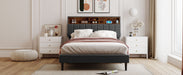 Full Gray Upholstered Platform Bed with Storage Headboard and USB Port lowrysfurniturestore