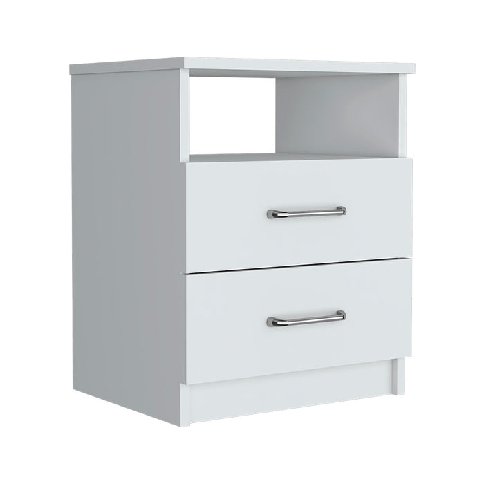 White Olienza Nightstand – Two Drawers and One Shelf