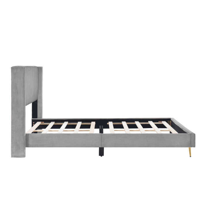 Queen Gray Corduroy Platform Bed with Metal Legs