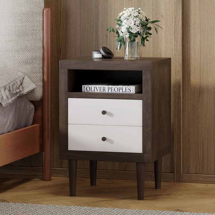 Modern Walnut and White 2-Drawer Nightstand